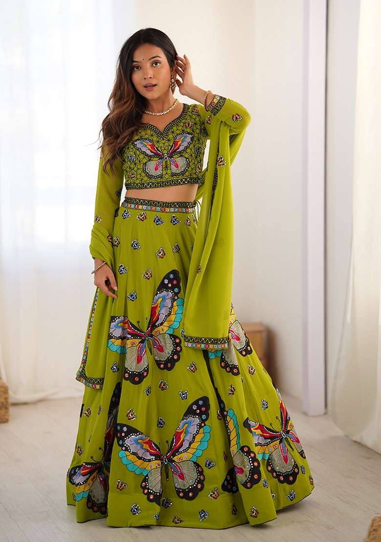 Green Georgette Lehenga Set with Embroidered for Diwali | Wedding & Festive Wear - Indya