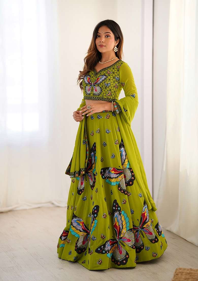 Green Georgette Lehenga Set with Embroidered for Diwali | Wedding & Festive Wear - Indya