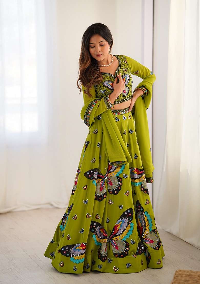 Green Georgette Lehenga Set with Embroidered for Diwali | Wedding & Festive Wear - Indya
