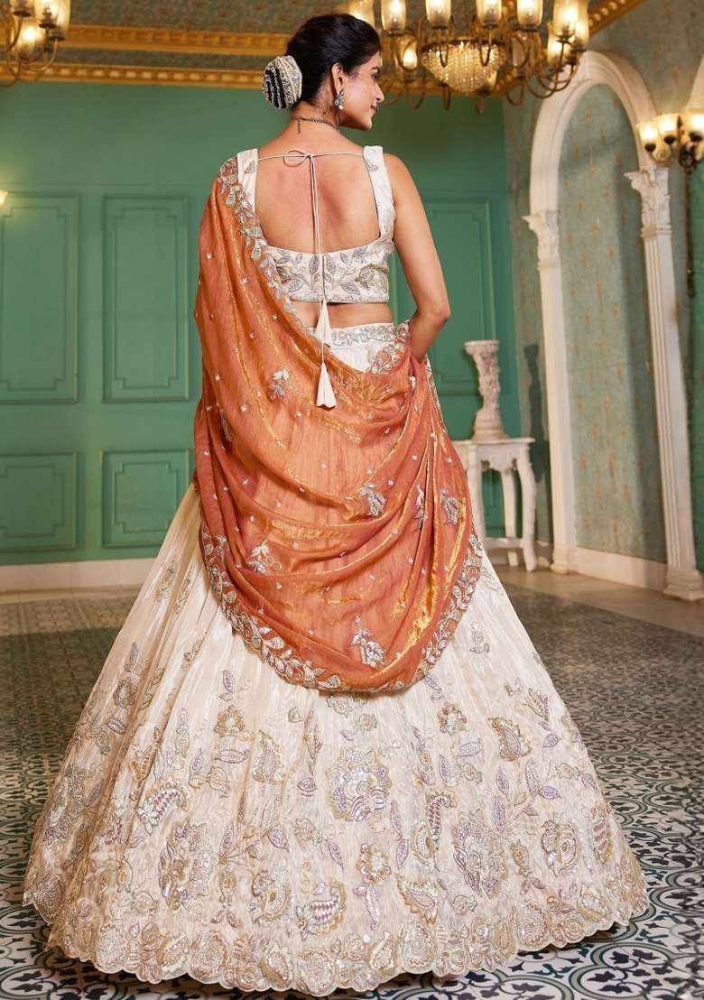 Ivory Embroidered Tissue Lehenga Set for Diwali and Festive Wear - Indya