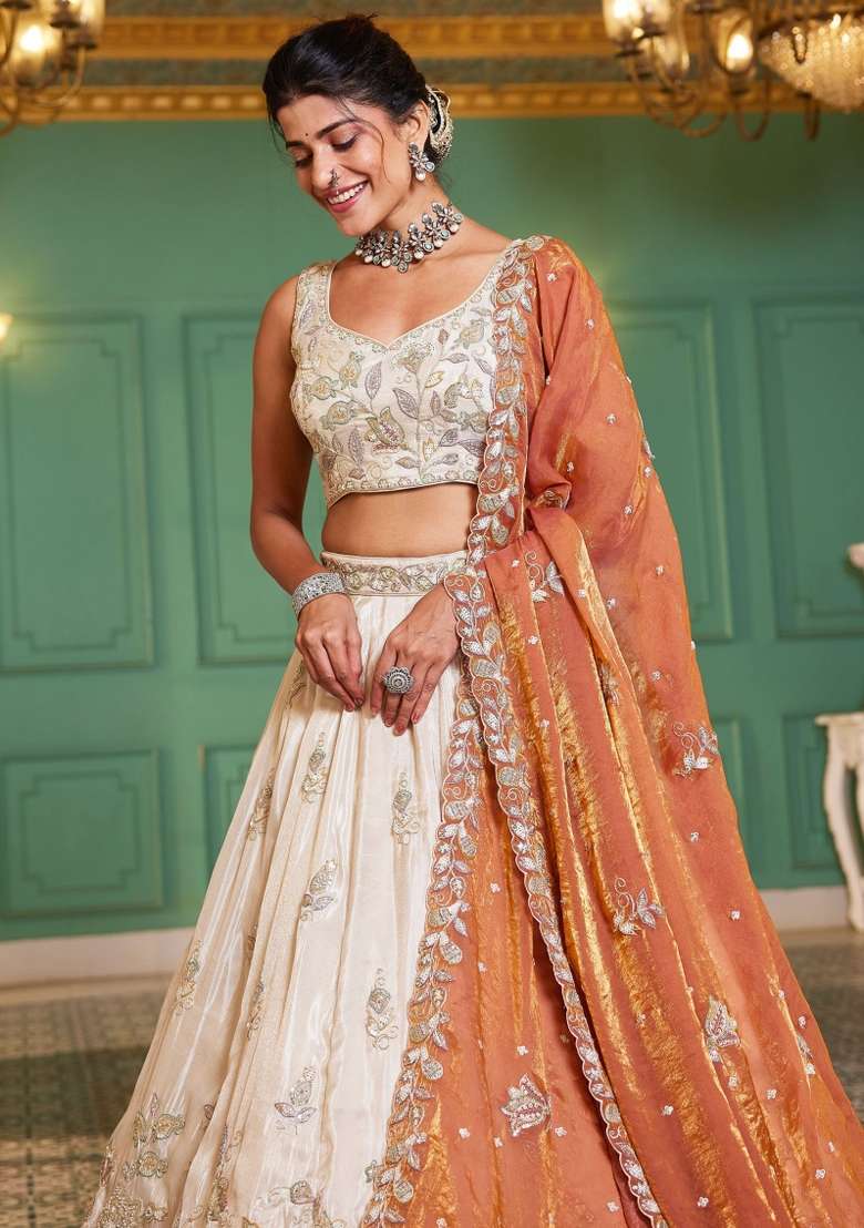 Ivory Embroidered Tissue Lehenga Set for Diwali and Festive Wear - Indya
