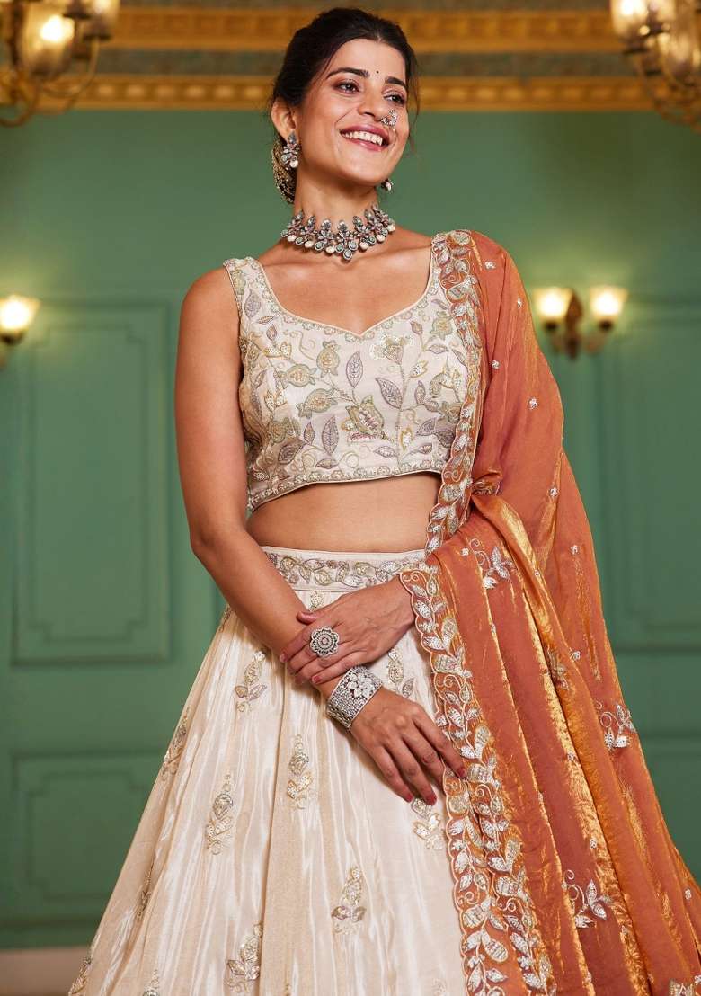 Ivory Embroidered Tissue Lehenga Set for Diwali and Festive Wear - Indya