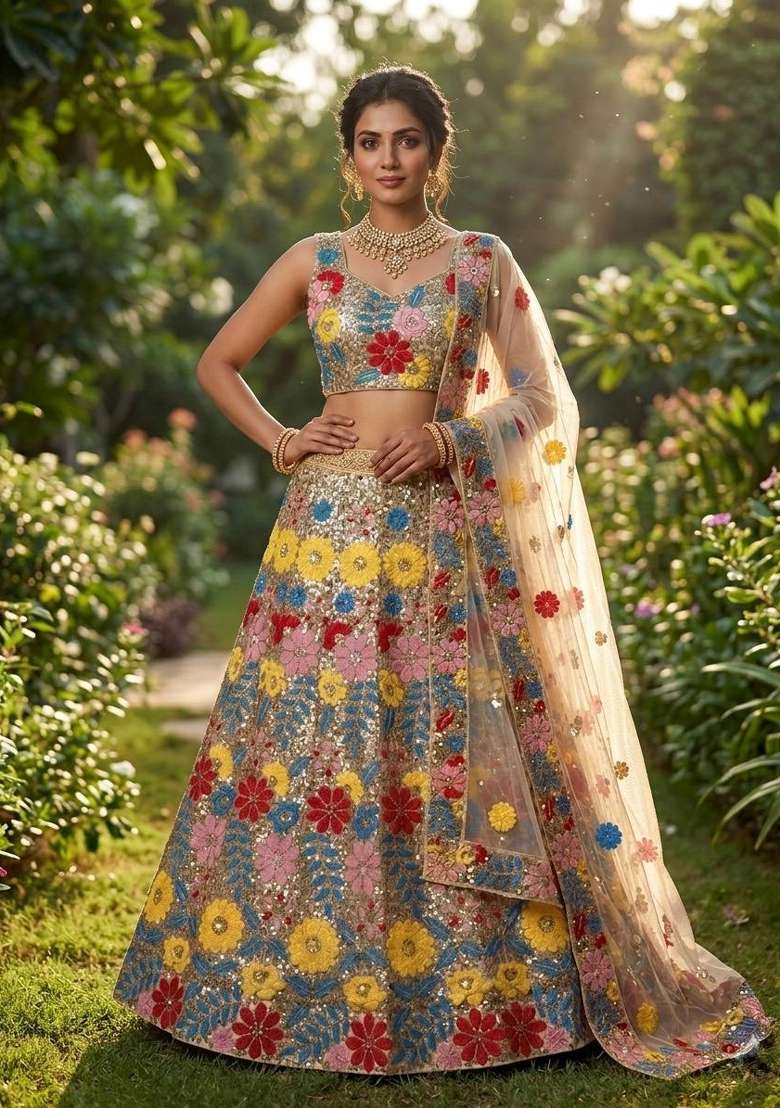 Multicolor Embroidered Net Lehenga Set for Diwali and Festive Wear - Indya