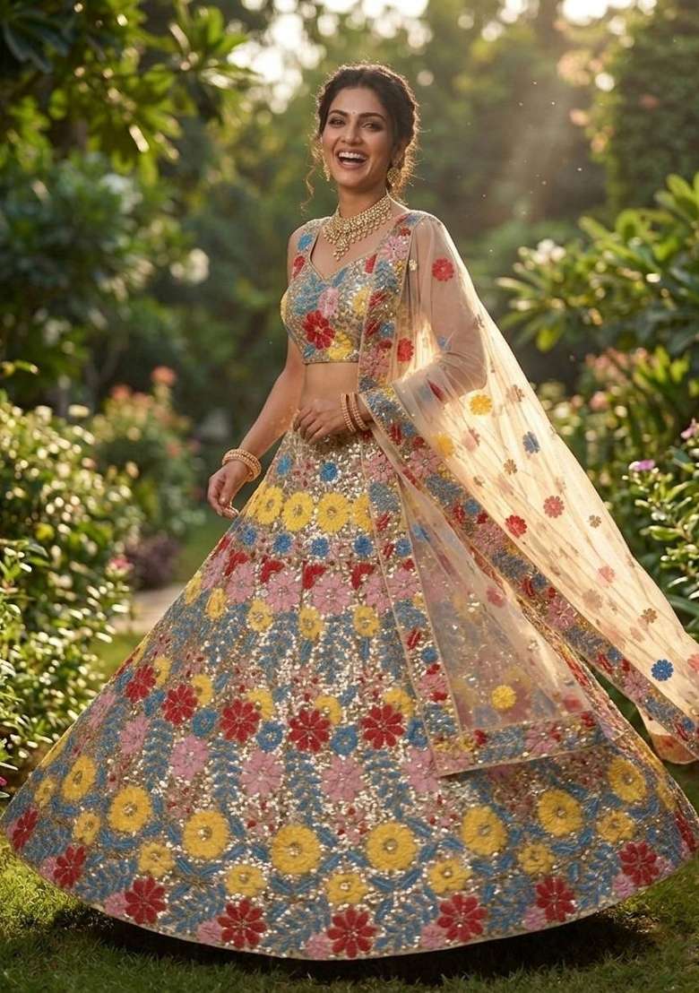 Multicolor Embroidered Net Lehenga Set for Diwali and Festive Wear - Indya