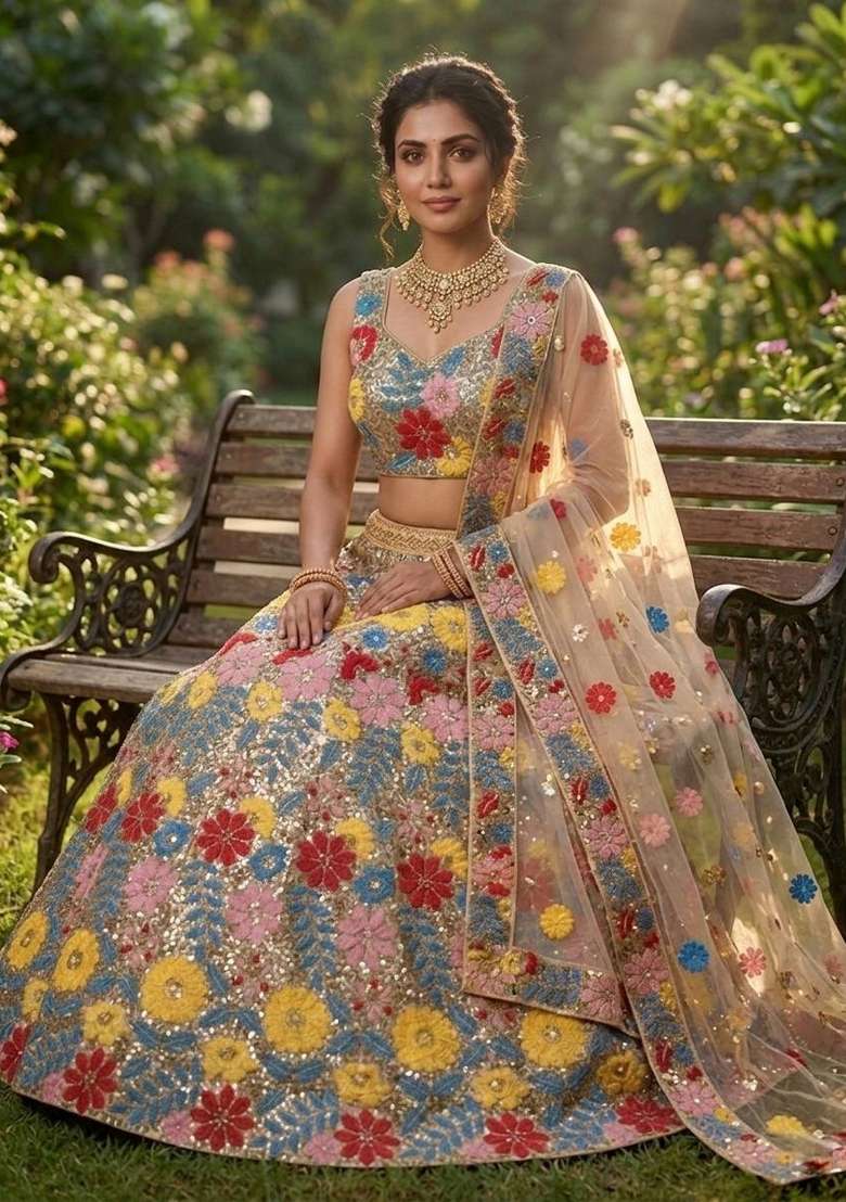 Multicolor Embroidered Net Lehenga Set for Diwali and Festive Wear - Indya