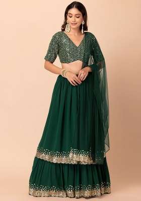 Green Embroidered Georgette Lehenga Set for Diwali and Festive Wear