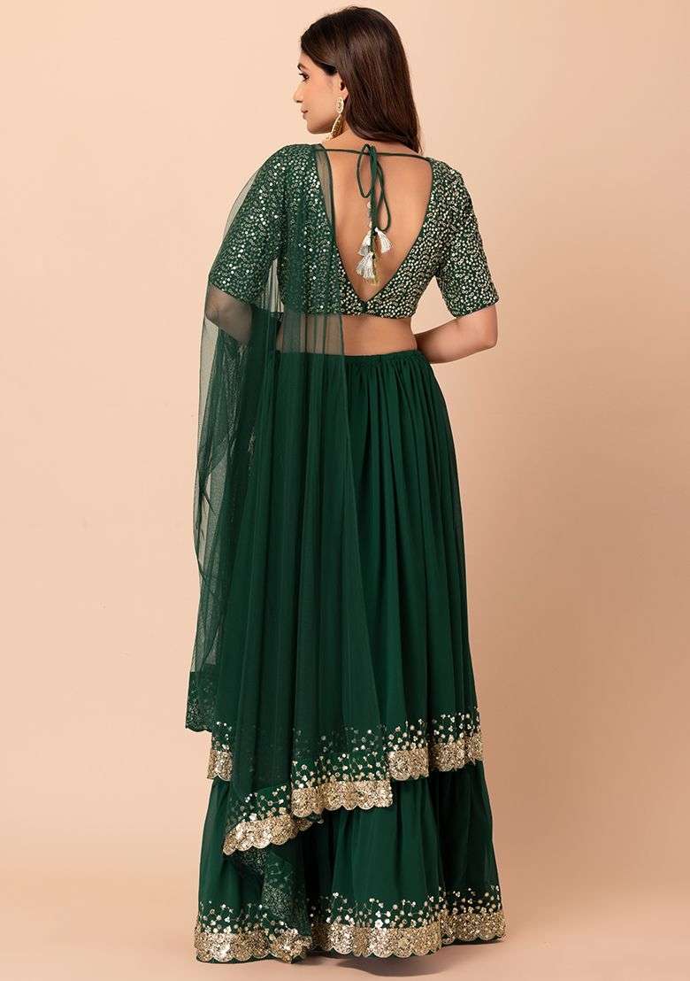 Green Embroidered Georgette Lehenga Set for Diwali and Festive Wear - Indya