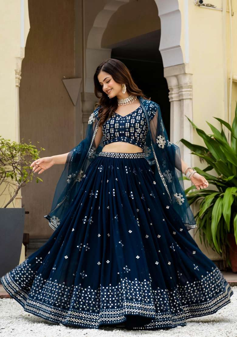Navy Blue Embroidered Georgette Lehenga Set for Diwali and Festive Wear - Indya