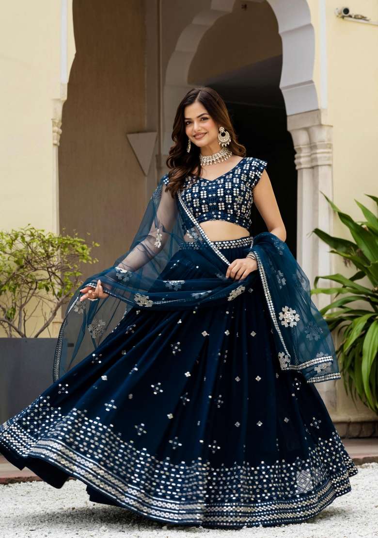 Navy Blue Embroidered Georgette Lehenga Set for Diwali and Festive Wear - Indya
