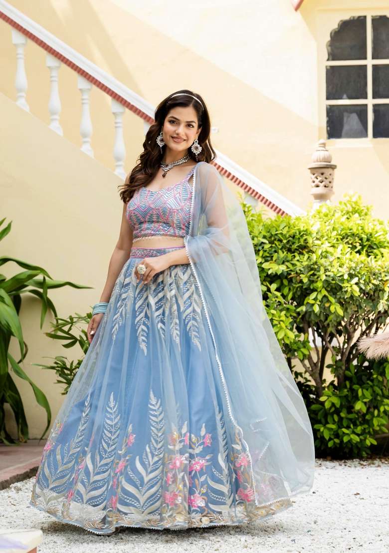 Sky Blue Net Lehenga Set with Embroidered for Diwali | Wedding & Festive Wear - Indya