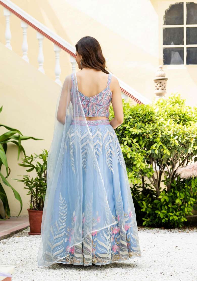 Sky Blue Net Lehenga Set with Embroidered for Diwali | Wedding & Festive Wear - Indya