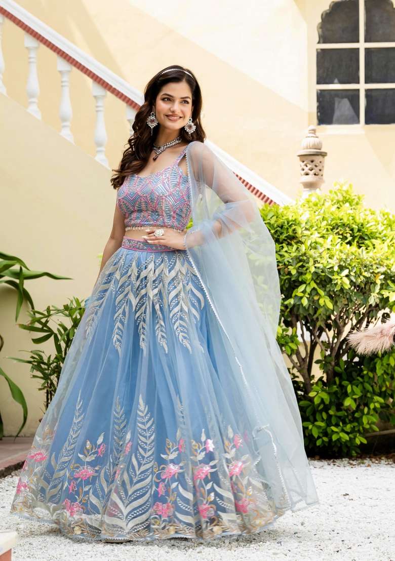 Sky Blue Net Lehenga Set with Embroidered for Diwali | Wedding & Festive Wear - Indya