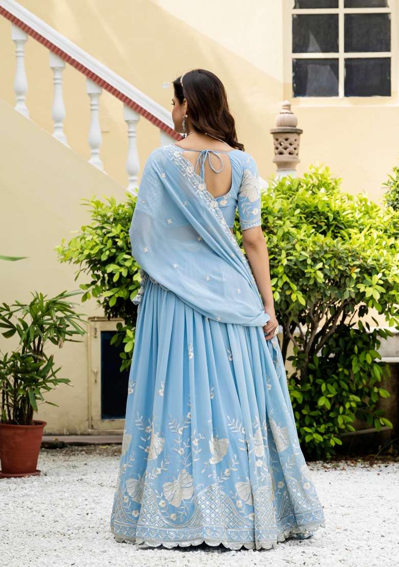 Sky Blue Embroidered Georgette Lehenga Set for Diwali and Festive Wear - Indya
