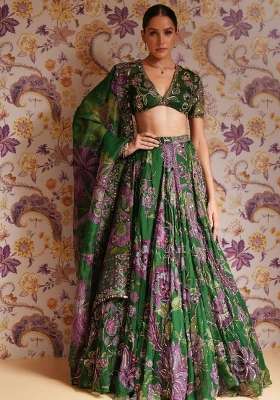 Green Silk Blend Lehenga Set with Embroidered for Diwali | Wedding & Festive Wear