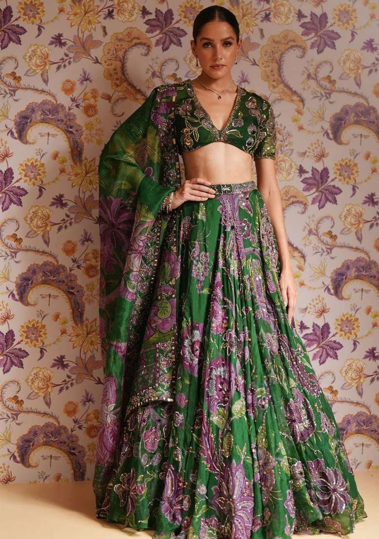 Green Silk Blend Lehenga Set with Embroidered for Diwali | Wedding & Festive Wear - Indya