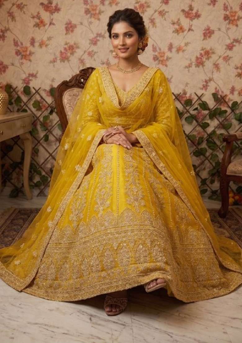 Yellow Net Lehenga Set with Embroidered for Diwali | Wedding & Festive Wear - Indya