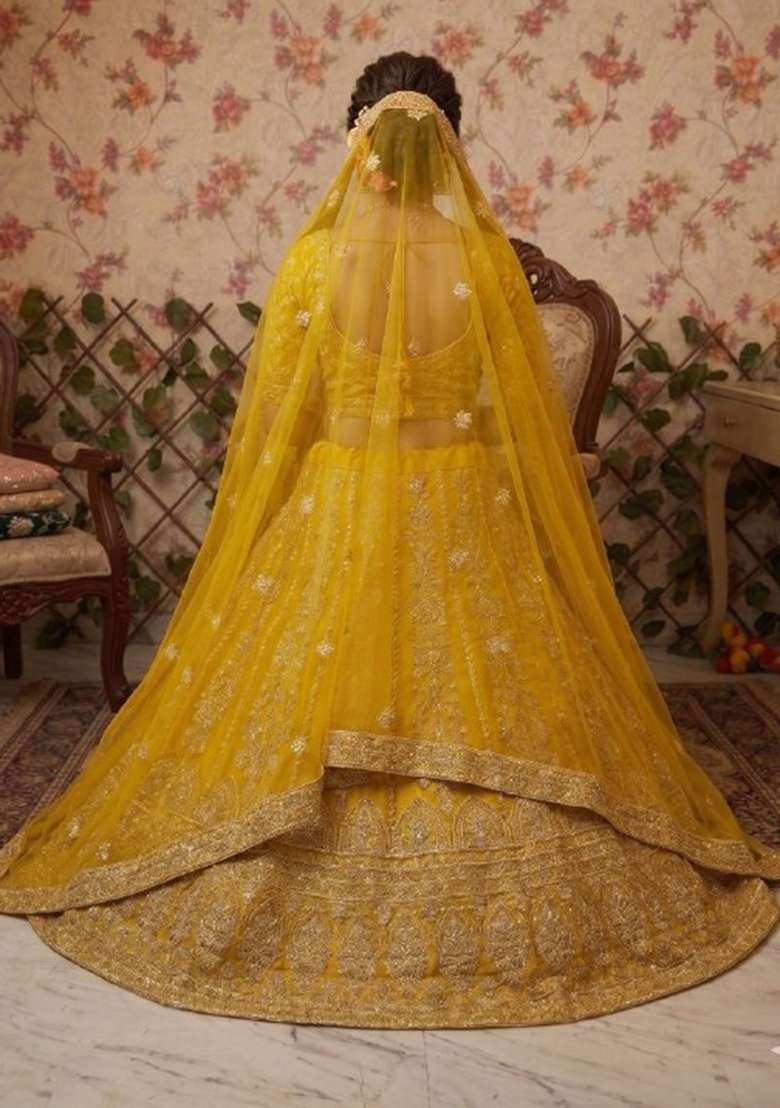 Yellow Net Lehenga Set with Embroidered for Diwali | Wedding & Festive Wear - Indya