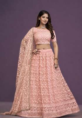 Pink Embroidered Net Lehenga Set for Diwali and Festive Wear