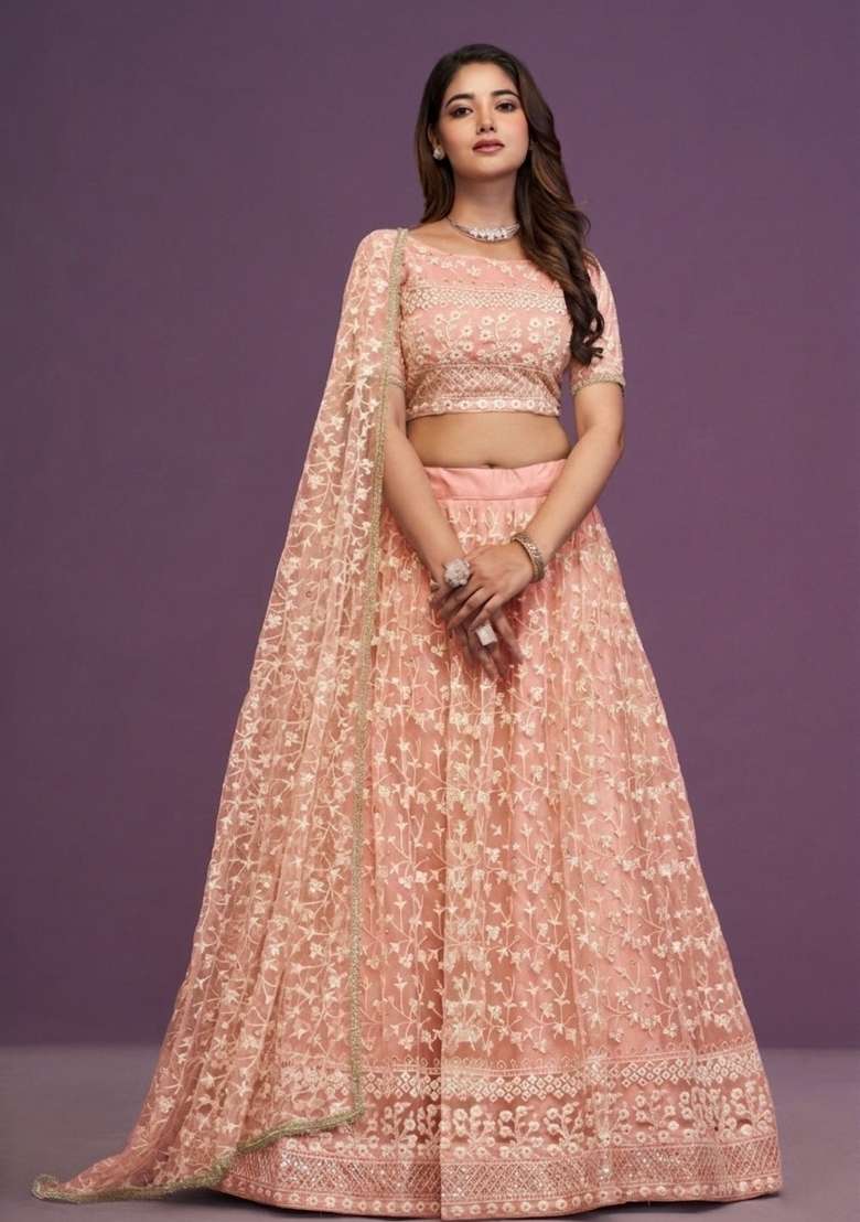 Pink Embroidered Net Lehenga Set for Diwali and Festive Wear - Indya