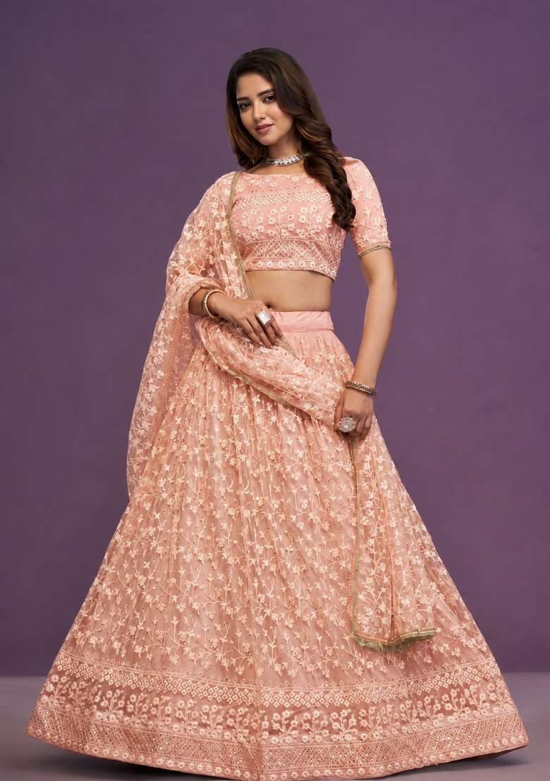 Pink Embroidered Net Lehenga Set for Diwali and Festive Wear - Indya