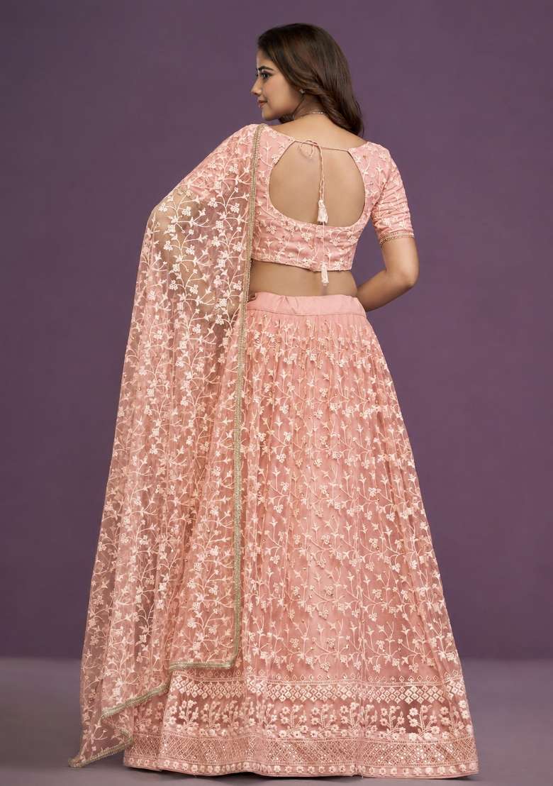 Pink Embroidered Net Lehenga Set for Diwali and Festive Wear - Indya