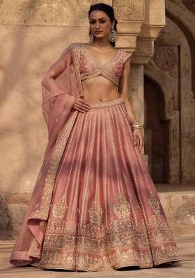Pink Silk Blend Lehenga Set with Embroidered for Diwali | Wedding & Festive Wear