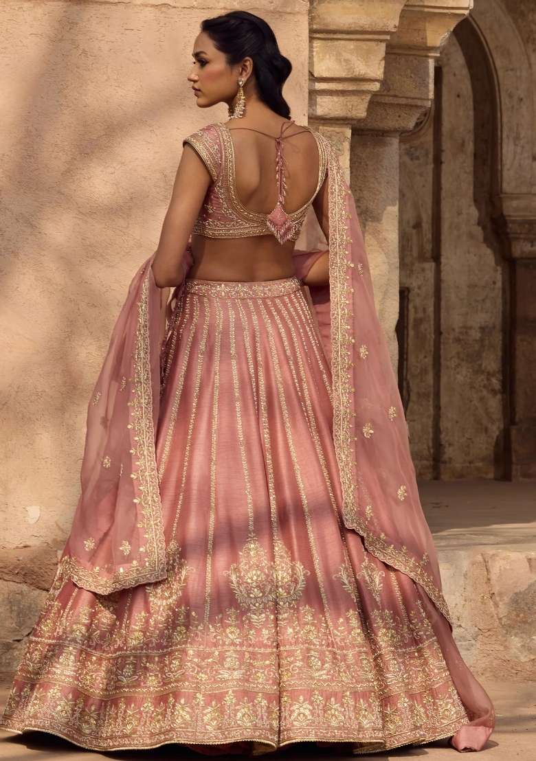 Pink Silk Blend Lehenga Set with Embroidered for Diwali | Wedding & Festive Wear - Indya