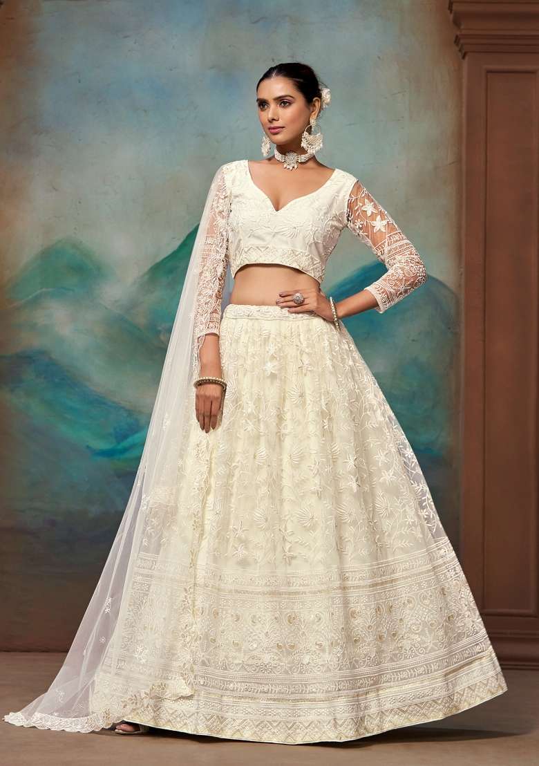 White Net Lehenga Set with Embroidered for Diwali | Wedding & Festive Wear - Indya