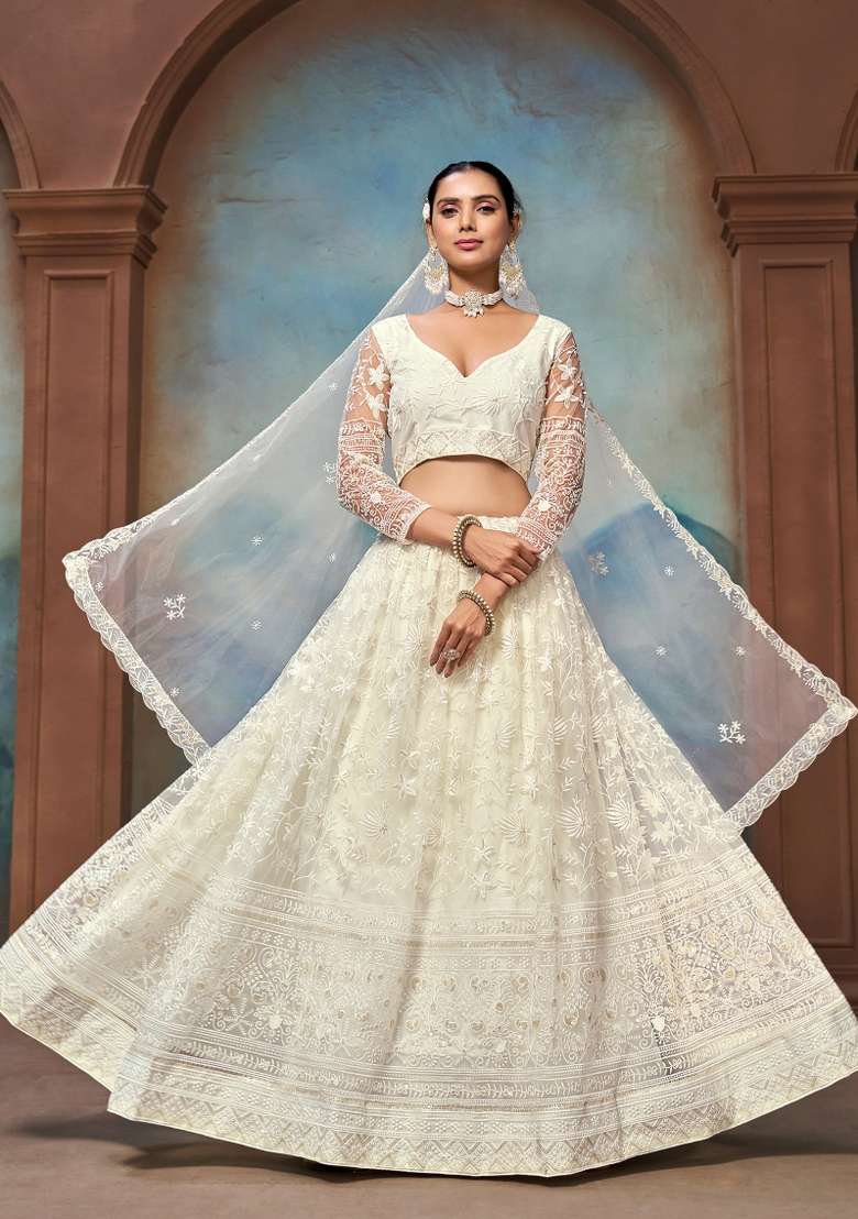 White Net Lehenga Set with Embroidered for Diwali | Wedding & Festive Wear - Indya