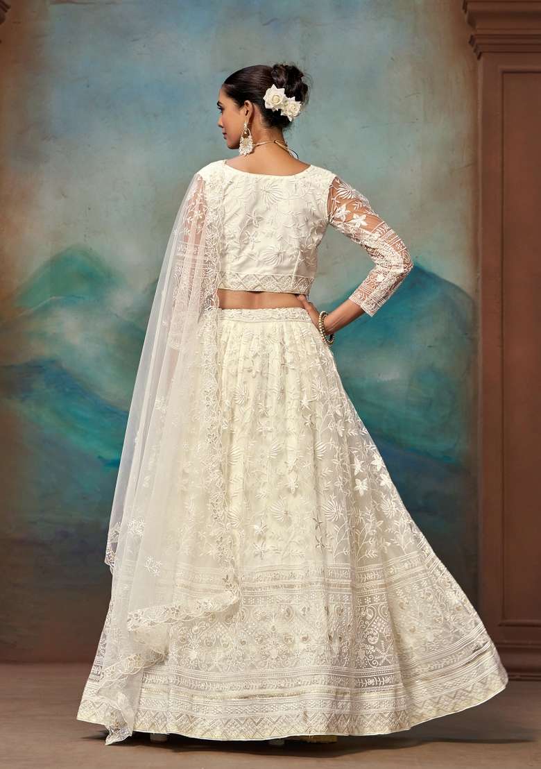 White Net Lehenga Set with Embroidered for Diwali | Wedding & Festive Wear - Indya