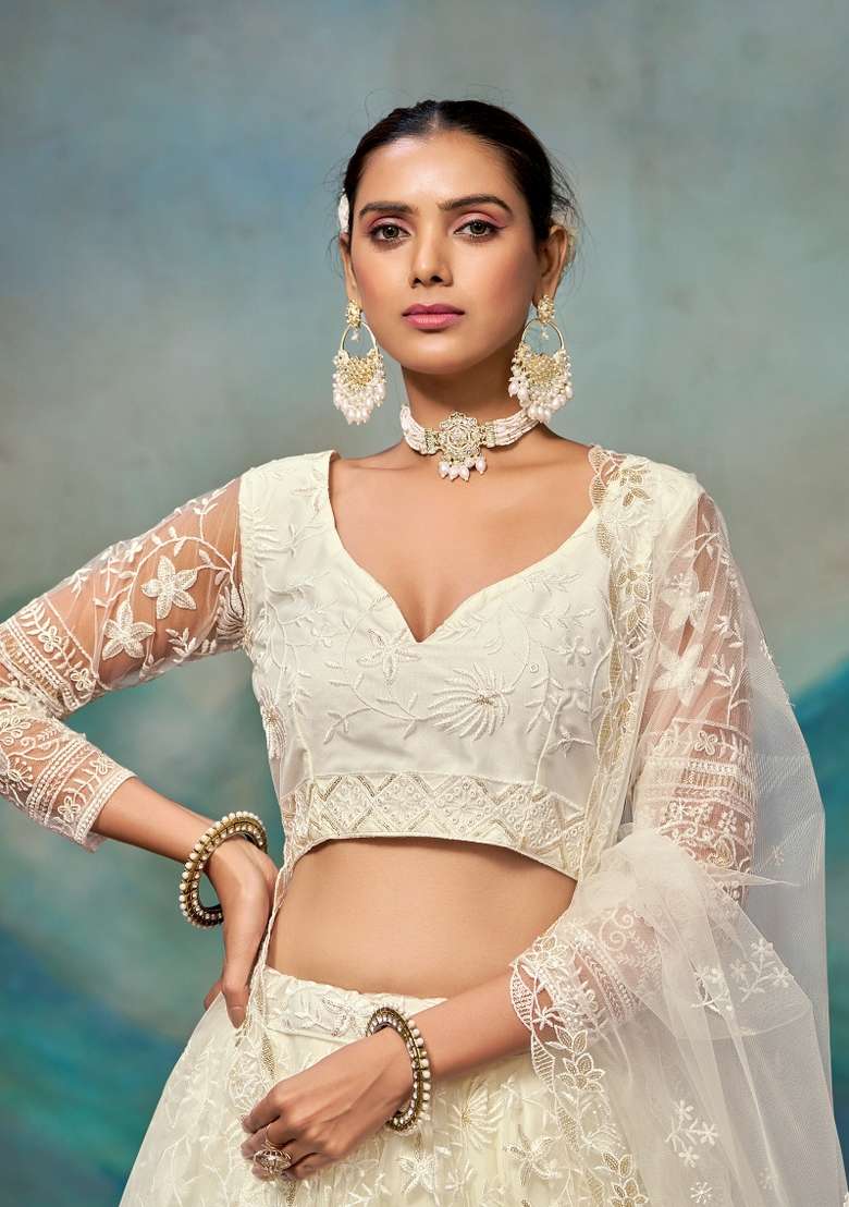 White Net Lehenga Set with Embroidered for Diwali | Wedding & Festive Wear - Indya