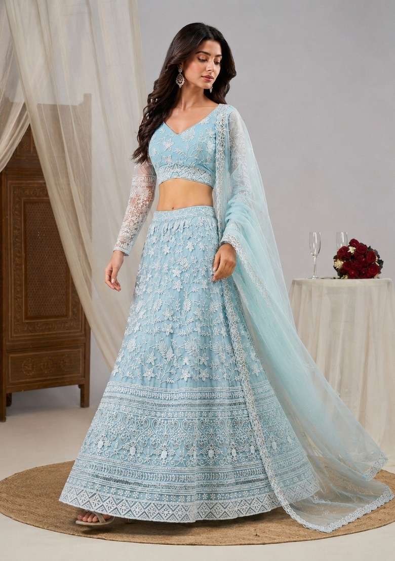 Sky Blue Net Lehenga Set with Embroidered for Diwali | Wedding & Festive Wear - Indya