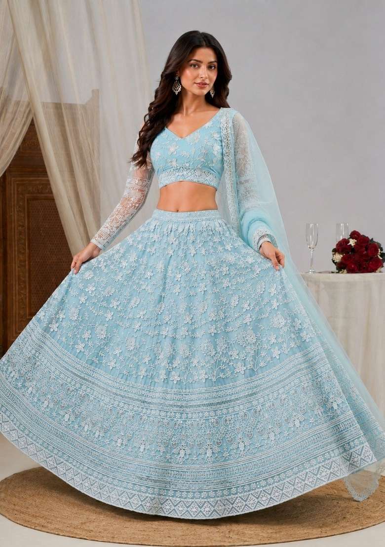 Sky Blue Net Lehenga Set with Embroidered for Diwali | Wedding & Festive Wear - Indya