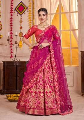 Pink Silk Blend Lehenga Set with Zari Work for Diwali | Wedding & Festive Wear