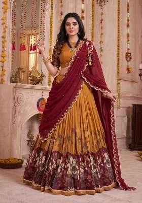 Mustard Printed Silk Blend Lehenga Set for Diwali and Festive Wear