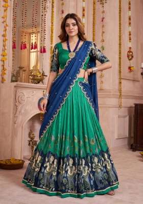 Rama Green Silk Blend Lehenga Set with Printed for Diwali | Wedding & Festive Wear