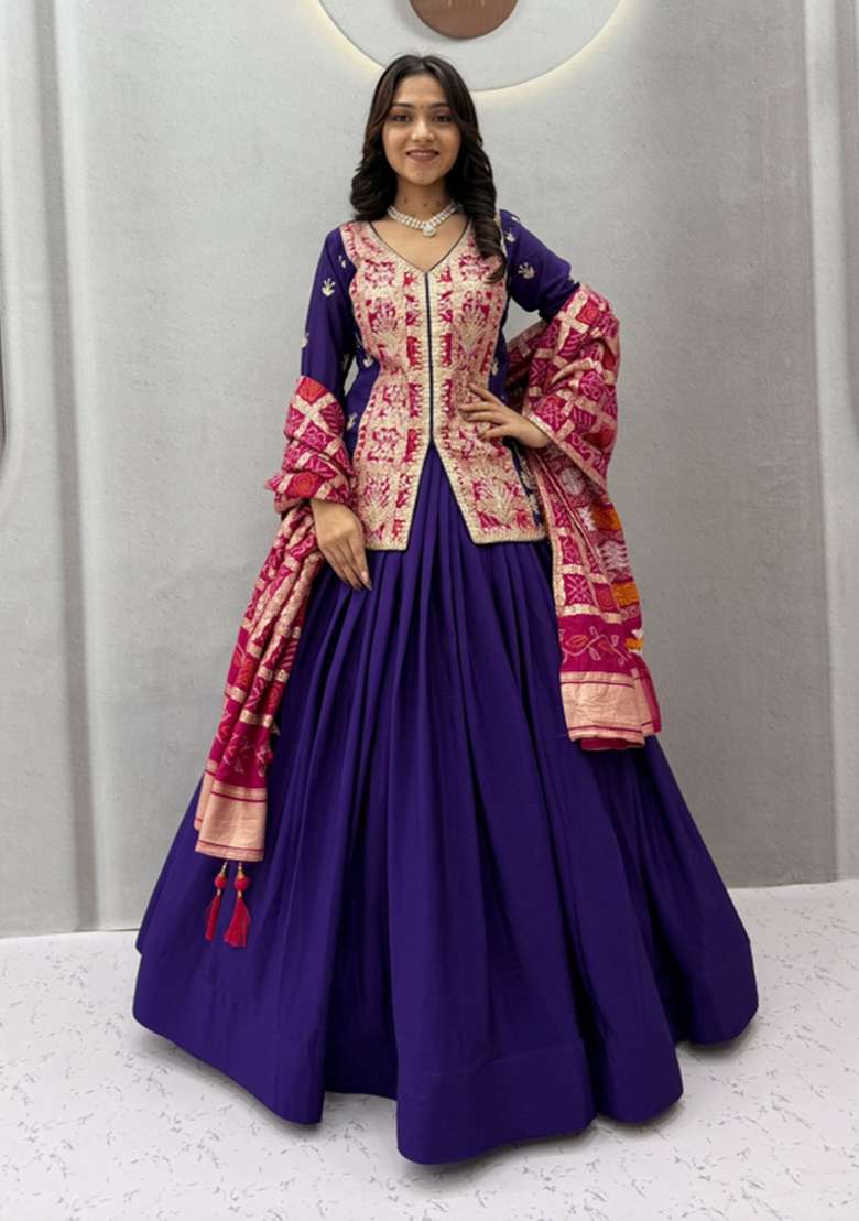 Purple Silk Blend Lehenga Set with Embroidered for Diwali | Wedding & Festive Wear - Indya