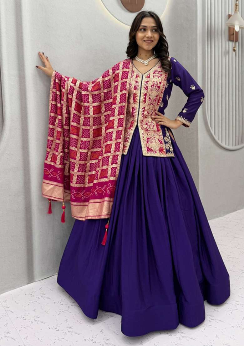 Purple Silk Blend Lehenga Set with Embroidered for Diwali | Wedding & Festive Wear - Indya