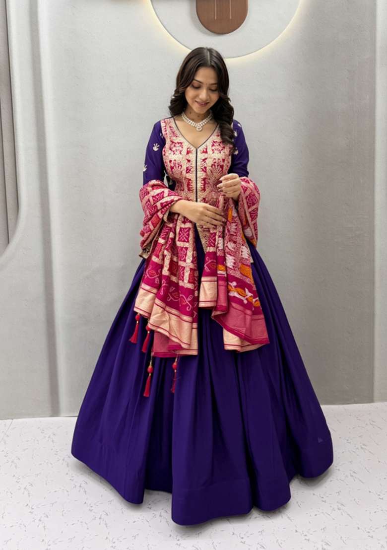 Purple Silk Blend Lehenga Set with Embroidered for Diwali | Wedding & Festive Wear - Indya