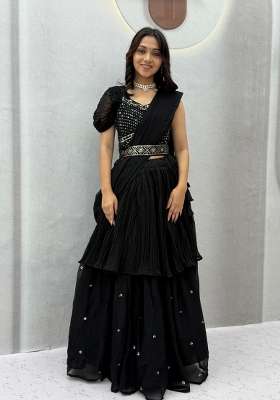 Black Georgette Lehenga Set with Mirror Work for Diwali | Wedding & Festive Wear