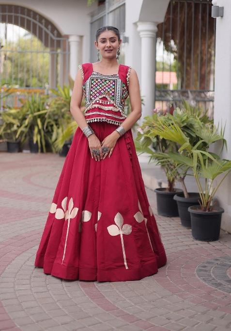 Maroon Mirror Work Silk Blend Lehenga Set for Diwali and Festive Wear