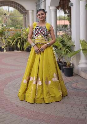 Yellow Silk Blend Lehenga Set with Mirror Work for Diwali | Wedding & Festive Wear