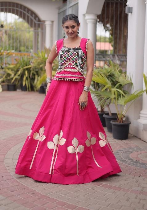 Rani Pink Mirror Work Silk Blend Lehenga Set for Diwali and Festive Wear