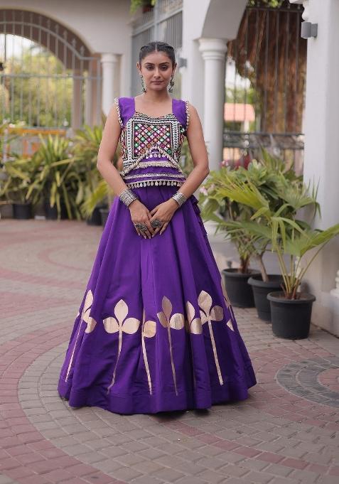 Purple Mirror Work Silk Blend Lehenga Set for Diwali and Festive Wear