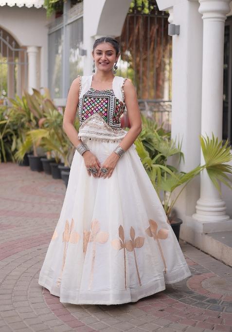 White Mirror Work Silk Blend Lehenga Set for Diwali and Festive Wear