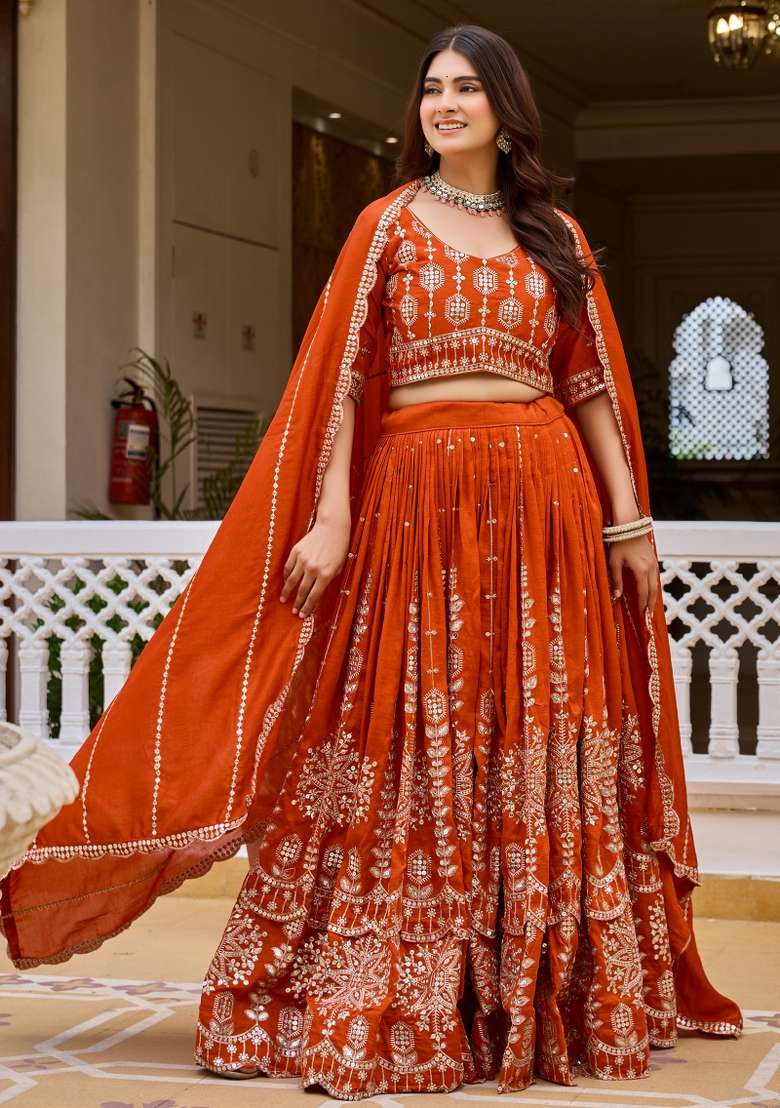 Orange Silk Blend Lehenga Set with Embroidered for Diwali | Wedding & Festive Wear - Indya