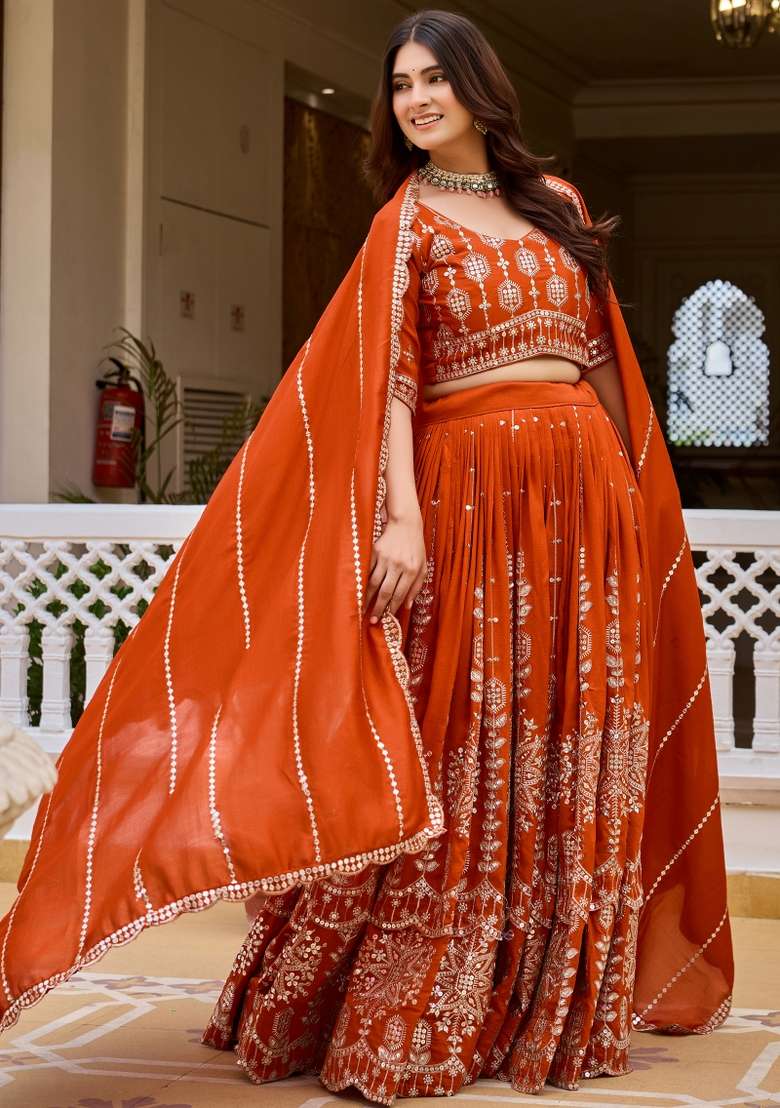 Orange Silk Blend Lehenga Set with Embroidered for Diwali | Wedding & Festive Wear - Indya