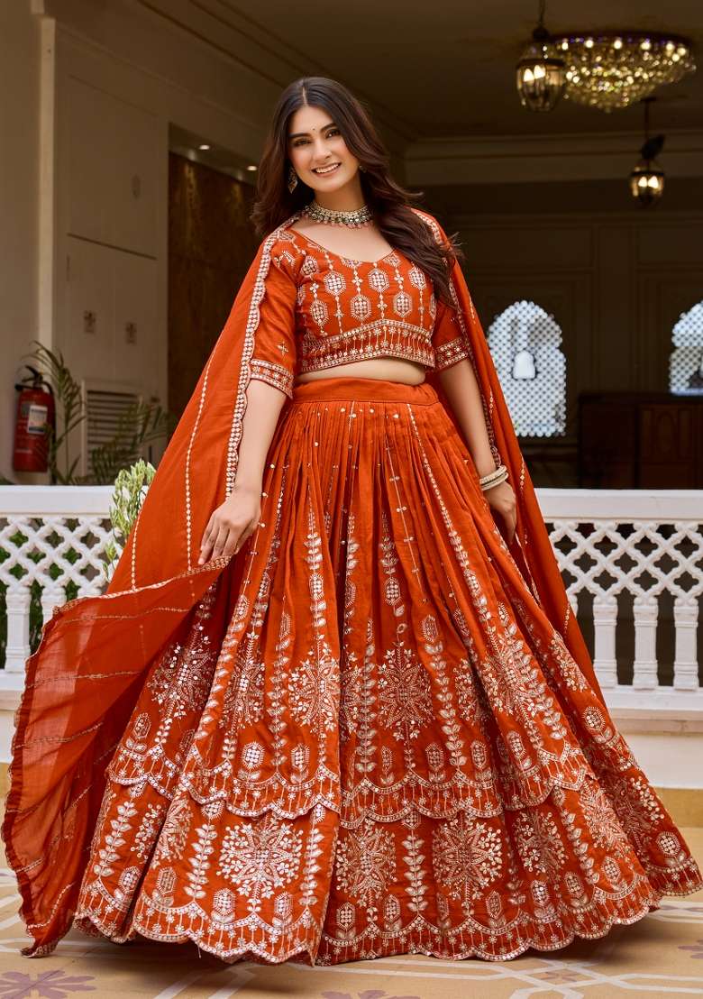 Orange Silk Blend Lehenga Set with Embroidered for Diwali | Wedding & Festive Wear - Indya