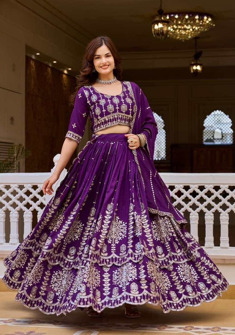 Purple Silk Blend Lehenga Set with Embroidered for Diwali | Wedding & Festive Wear - Indya