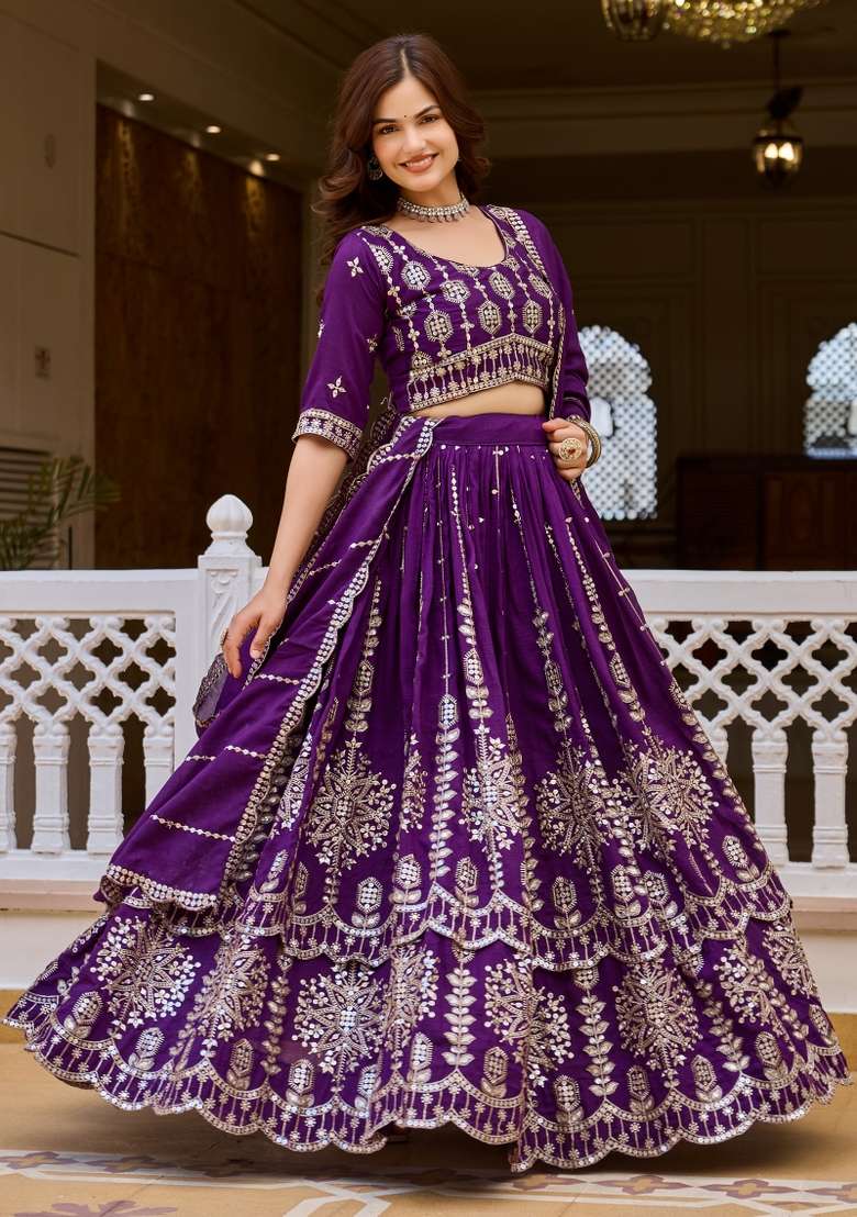 Purple Silk Blend Lehenga Set with Embroidered for Diwali | Wedding & Festive Wear - Indya